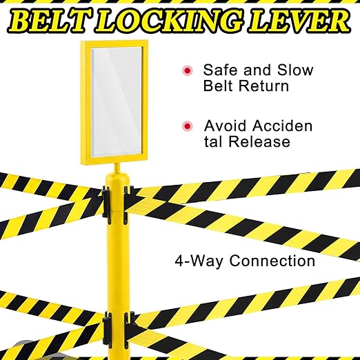 Therwen 6 Pcs Double Retractable Belt Barrier with Stanchion Dual Retractable Safety Belt Heavy Duty Crowd Control Stanchions Stainless Steel Post Holder Safety Barrier Stand (9.8 ft,Yellow and Black)