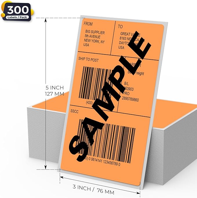 Orange Thermal Labels 3 × 5 Inch Vinyl Self-Adhesive Fanfold Direct Shipping Stickers Waterproof Perforated Printer Decal for Office Warehouse Barcode 300 PCS