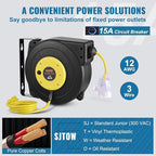 VEVOR Retractable Extension Cord Reel, 45 FT, Heavy Duty 12AWG/3C SJTOW Extension Power Cord with Lighted Triple Tap Outlet, 15A Circuit Breaker 180° Swivel Bracket for Ceiling or Wall Mount, Yellow