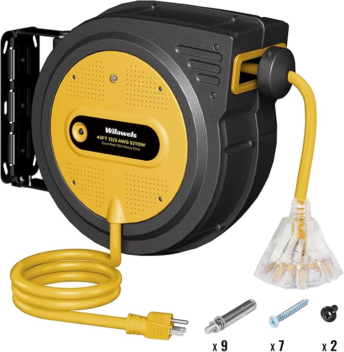 45 FT Retractable Extension Cord Reel, Heavy Duty Power Cord, 12AWG/3C SJTOW, 3 Grounded Outlets Lighted Triple Tap, Ceiling/Wall Mount,15 Amp Circuit Breaker, ETL Listed, Yellow Y45ACR06