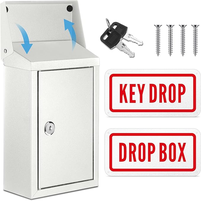 Metal Mount Wall Donation Box Key Lock Money Cash Drop Box with Top Slot and 2 Pcs Reflective Sign 10 x 5.5 x 3 Inch Safe Lock Mailbox with 2 Keys for Outside Office Business Home(White)