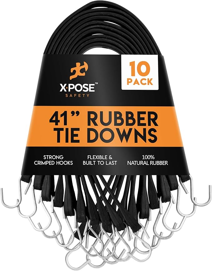 Rubber Bungee Cords with Hooks 10 Pack 41 Inch (62” Max Stretch) Heavy-Duty Black Tie Down Straps for Outdoor, Tarp Covers, Canvas Canopies, Motorcycle, and Cargo - by Xpose Safety