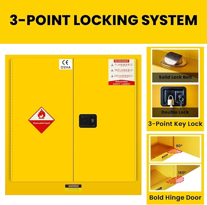60 Gallon Yellow Flammable Storage Cabinet, Fireproof Steel Chemical Storage Locker with Adjustable Shelves, for Flammable Liquids, Industrial Use, Free Returns!