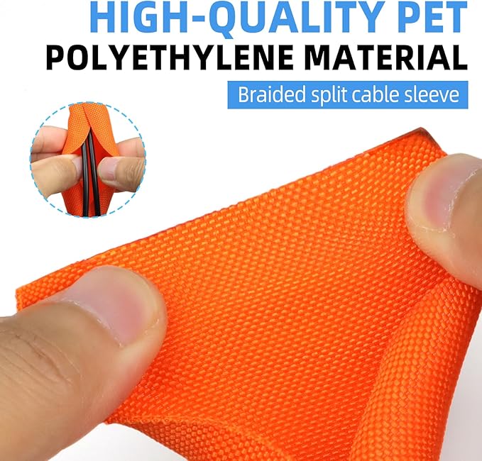 Automotive Wire Loom Tubing, Split Braided Cord Protectors from Pets No Chew, Flexible Cable Sleeve Cable Management for TV/Computer/Electric Wires (Orange, 3/8"-10ft)