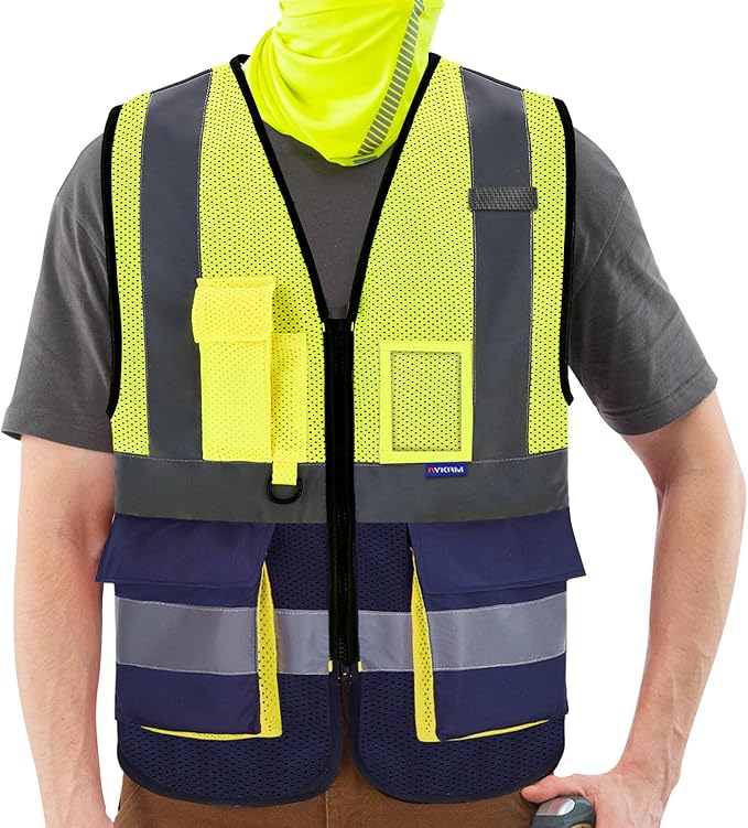 A-SAFETY High Visibility Mesh Safety Reflective Vest with Pockets and Zipper,Hi Vis Viz Reflective Safety Vest(Yellow&Navy Mesh XXXL)