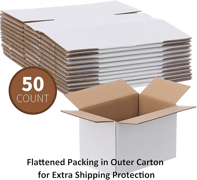 FARRAY Shipping Boxes 6x4x4 inches (Inner Size), 50 Pack Sturdy Kraft Corrugated Small Cardboard Boxes for Mailing Packing, White
