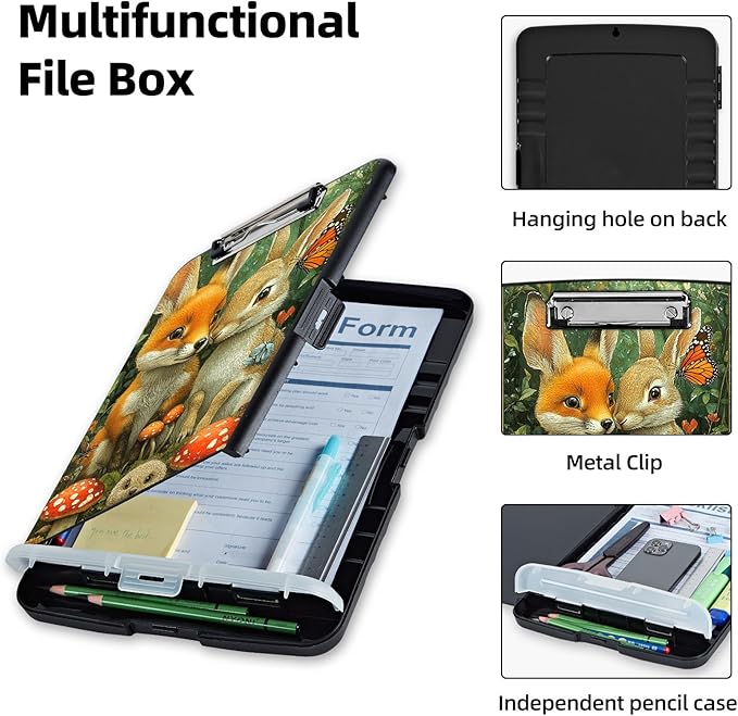 Clipboard with Storage Box & Pen Holder,Heavy Duty Clip Boards 8.5x11 for Nursing,High Capacity,School & Office Supplies,Fox Rabbit Mushroom