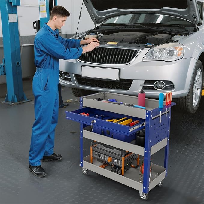 3 Tier Rolling Tool Cart on Wheels, 450 LBS Capacity Tool Cart with Drawers, Heavy Duty Rolling Utility Cart on Wheels, Rolling Tool Work Carts for Garage, Warehouse and Repair Shop,Grey Blue