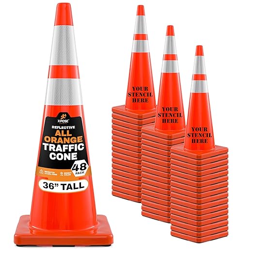 Xpose Safety 36 Inch Orange Traffic Cones Heavy Duty 12lb with 6" & 4" Collars, 48 Pack - Multipurpose PVC Plastic Safety Cone for Parking, Soccer, Caution, Kids and Construction - DOT Approved
