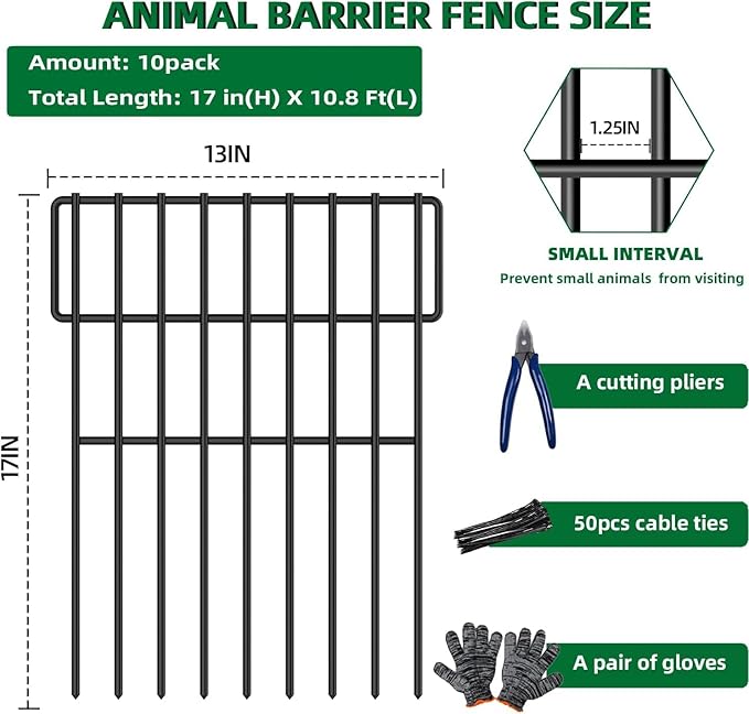 10 Panels Garden Fencing Animal Barrier, 17in (H) X 10.8ft (L) No Dig Dog Fence, 1.25 in Gap Fence Border for Dogs Rabbits, Rustproof Metal Decorative Fences Blocker for Outdoor, Yard, Patio