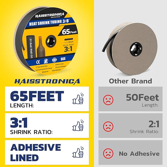 haisstronica 3/8" 65FT Heat Shrink Tubing, 3:1 Shrink Ratio Adhesive Lined, Marine Grade Waterproof Insulation Heat Shrink Tube - Black