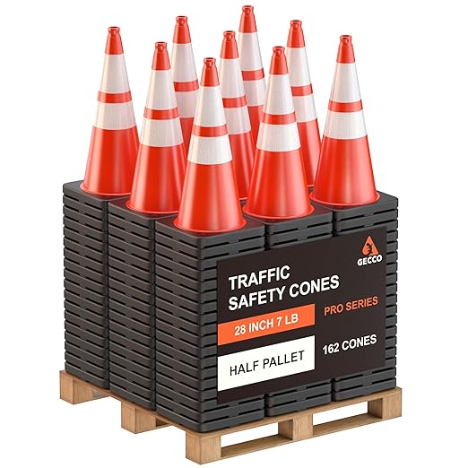 GECCO ™ (162 Cones per Pallet) 28 Inch 7 Lb Heavy Duty Orange Traffic Cones in Bulk | Durable Safety Cones, Orange Cones, Parking Cones, Construction Cones | PVC Plastic & Black Base - [PRO Series]