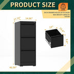 3 Drawer File Cabinet with Lock, Steel Vertical Filing Storage Cabinet for Home Office, Heavy-Duty File Cabinets for Letters/Legal/A4 (Require Assembly, Black)