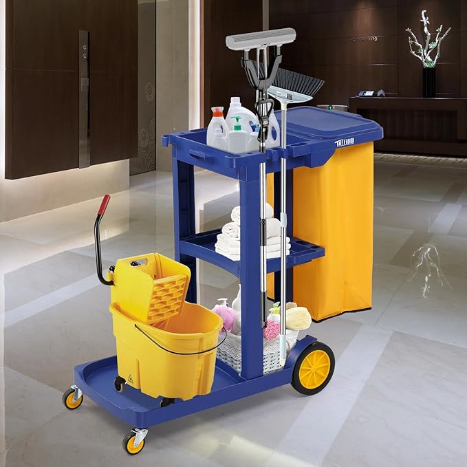 TUFFIOM Commercial Traditional Cleaning 3-Shelf Janitorial Cart, 500 Lbs Capacity Housekeeping Cart, Wheeled with Yellow VinylBag and Cover w Lid, Blue,