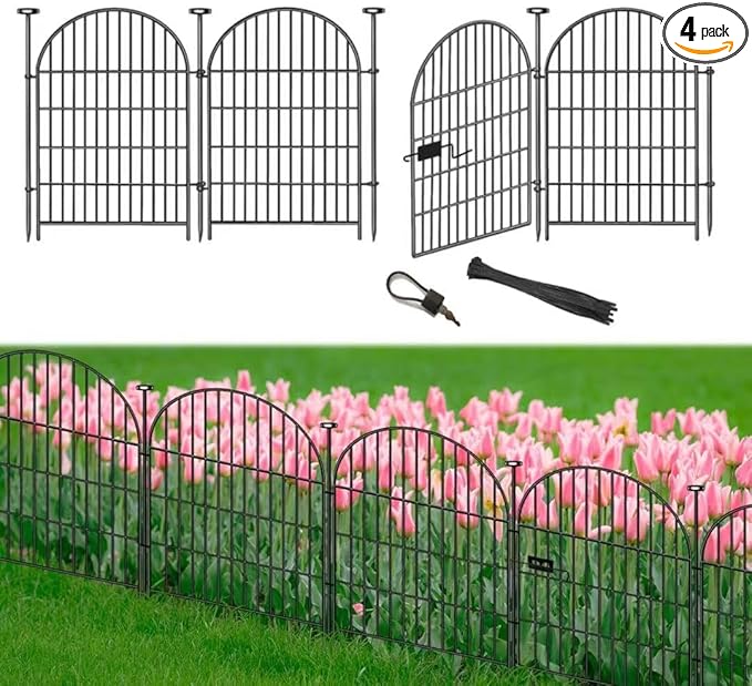 Tall Garden Fence Animal Barrier, 32 in(H) x8.8 Ft(L) 4 Panels Garden Fence with Gate, Dog Fence Outdoor for Yard, Arched Rustproof Metal No Dig Fences for Dogs, Flower Bed Fencing