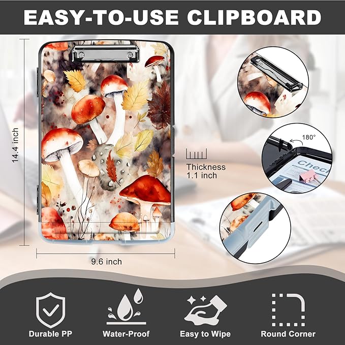 Clipboard with Storage,Storage Clipboard with Pen Holder,Heavy Duty Plastic Storage Clipboard with Low Profile Clip, Clipboard Folder, Teacher Must Haves, Office Supplies,Mushrooms and Leaves