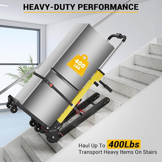 Electric Stair Climbing Dolly, 400lb Max Load Heavy Duty, Powered Stair Climber Dolly Cart with 6 Wheels Motor Powered for Furniture Logistics Warehouse, Black & Yellow, 130W
