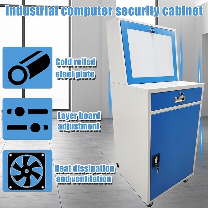 Industrial PC Enclosure Computer Security Cabinet Lockable Detachable Steel Cabinet with Wheels USB Cooling Fan, Adjustable Shelves for Control Equipment (65x60x109.5cm)