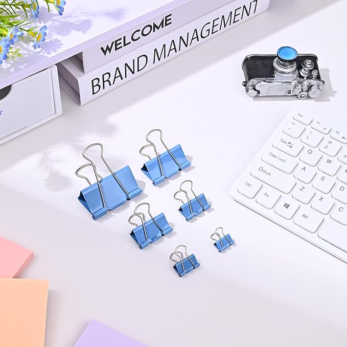 Temiary Aesthetic Binder Clips, 24 Pcs 1.6 Inches Small Metal Binder Clip with Clear Storage Container, Binding Paperwork Clamps for School Teachers Office Supplies (Blue)
