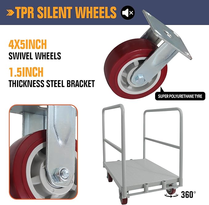 Platform Truck 2500LBS Capacity Industrial Flatbed Cart with 3 Detachable Handels, Push Dolly with 5" Rubber Swivel Wheels, Heavy Duty Flat Cart Hand Truck for Industrial and Commercial