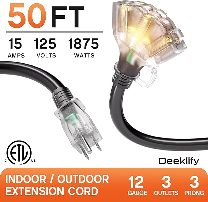 50 ft 12 Gauge Heavy Duty 3 Outlet Extension Cord Splitter with Indicator, Waterproof Outdoor Extension Cord with Multiple Outlets, 15A 1875W for Home & Workshop, ETL Listed, Black SJTW