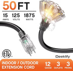 50 ft 12 Gauge Heavy Duty 3 Outlet Extension Cord Splitter with Indicator, Waterproof Outdoor Extension Cord with Multiple Outlets, 15A 1875W for Home & Workshop, ETL Listed, Black SJTW