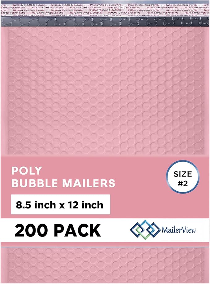 Light Pink Poly Bubble Mailers 8.5x12 inch #2 | Self Seal Padded Envelopes | Cushioned Bubble Mailer | Usable Size 8.5x11 | Water Proof | Lightweight mailing Shipping Bags | 200 Pack Bulk