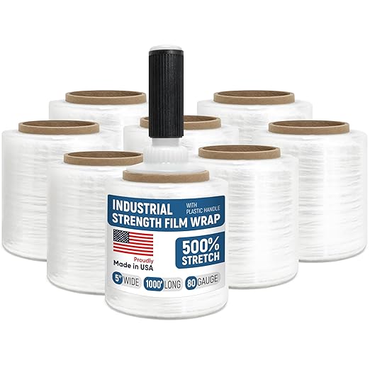 5" x 1000’ Industrial Strength Stretch Wrap, Ready to Use Pack of 8 Mini Rolls with one Handle, Clear Plastic Film, 80 Gauge Thick, 500% Elongation – Heavy-Duty Shrink Wrap for Moving, Packing