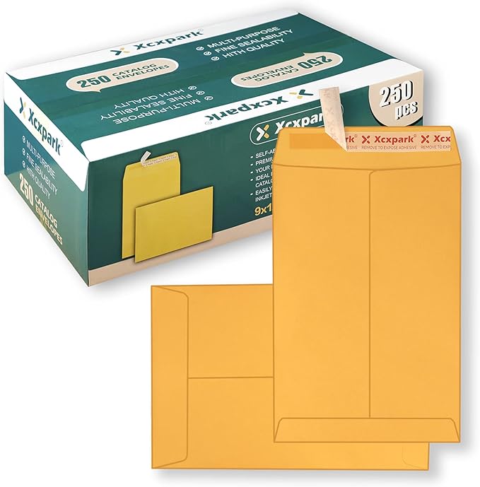 250 PCS 9x12 inches Security Catalog Envelopes Printable Self Seal Envelopes, Anti Tear brown Kraft Envelopes for Invitation Cards, Pictures, Photos, Documents