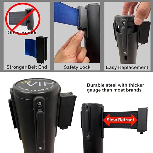 VIP Crowd Control Retractable Belt Queue Safety Stanchion Barrier Set, 36" Ht, 78" Belt + Wall Bracket (6 Pur Posts Pur Belt + SFrame + WBracket)