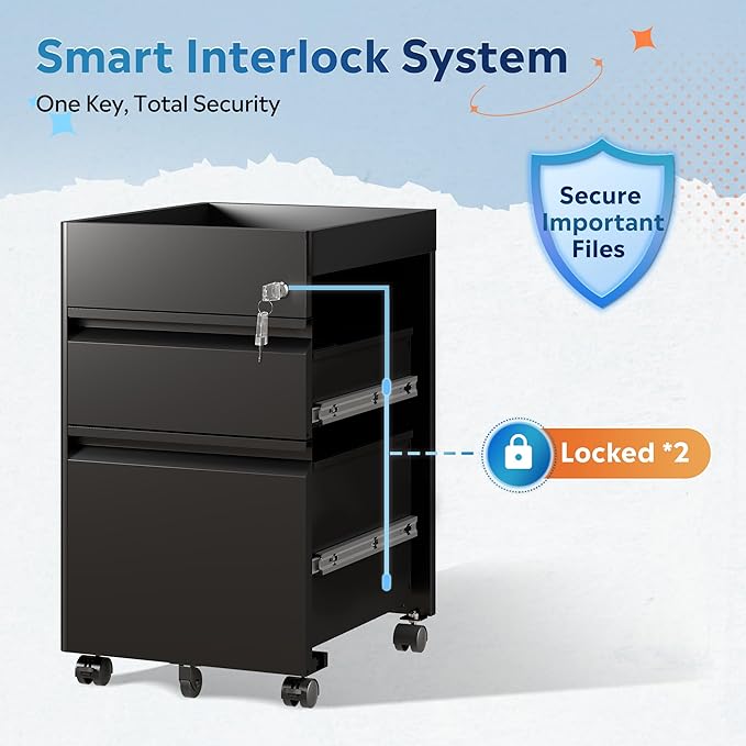 DEVAISE Metal File Cabinet with Lock, 2 Drawer Under Desk Filing Cabinet with Wheels, Locking File Cabinet for Letter/Legal/A4 Size, Black