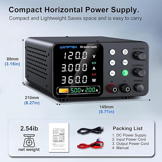 DC Power Supply Variable, 120V 3A Adjustable Switching Regulated Bench Power Supplies with Memory Preset/Locking Key/OCP Protection/Output/USB Fast Charging /4-Digit LED Display