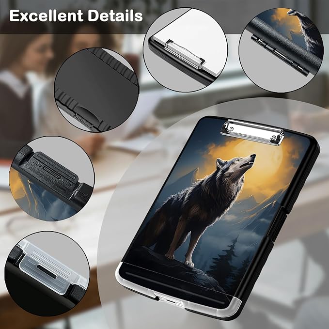 Clipboard with Storage,Office Supplies Nursing Clipboards Folder with Pen Holder Plastic Storage ClipBoard Foldable for Teacher Nurse,Wolf with Full Moon