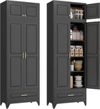 Kitchen Cabinet, 90" Tall Metal Storage Cabinet, Food Pantry cabinets with One Drawer, Black Pantry Cabinet for Dining, Living Room, 16" D x 32" W x 90" H, Assembly Required