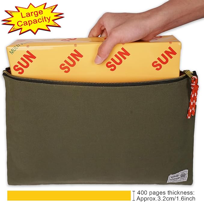 Rough Enough Important Document Storage Bag File Folder Organizer Pouch with Zipper Waxed Canvas Water Repellent for Travel Office Legal Size Green