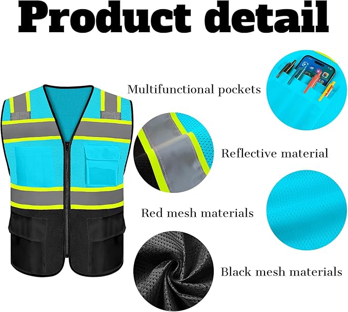 Safety Vest Reflective High Visibility with 5 Pockets ＆Zipper Class 2 Adult Unisex Construction Security Workwear