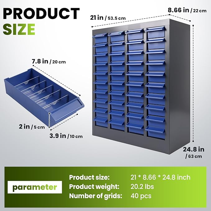 Part Cabinet with 40 Drawers, Shelves & Label Stickers - Bolt and Nut Organizer Bolt Bin Cabinets, Robust Steel Tool Storage Cabinet for Hardware Organization Small Items and Parts