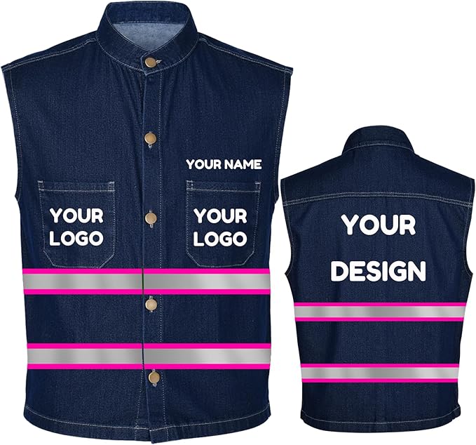 YOWESHOP Men's Reflective Safety Denim Vest，Custom Safety Outdoor Denim Work Vest with Hi-Vis Stripes for Night Commute