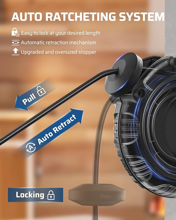 DEWENWILS Retractable Extension Cord Reel, 40FT 10AWG/3C SJTW Heavy Duty Power Cord, 4 Grounded Outlets, 20 Amp Circuit Breaker, 2500W, 180° Swivel Bracket for Ceiling/Wall Mount, ETL Listed