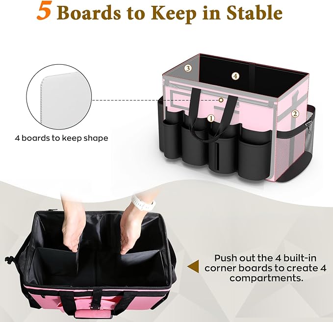 Cleaning Caddy with Wheels - Rolling Cleaning Caddy Bag with Detachable Trolley, Cleaning Caddy for Cleaning Supplies, Cleaning Bag for Housekeeping, Pink