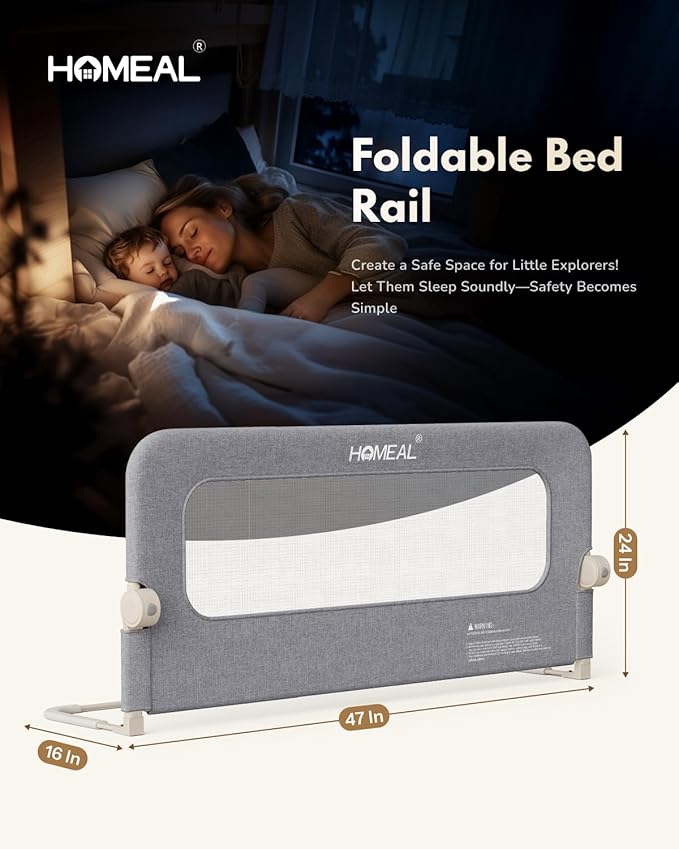 HOMEAL Toddler Bed Rails - 47"x24" Foldable Baby Bed Rail Guard with U-Shape Base - Kids Guard for for Twin, Full, Queen, King Beds - Breathable Bed Rail for Baby, Grey, 1 Pack