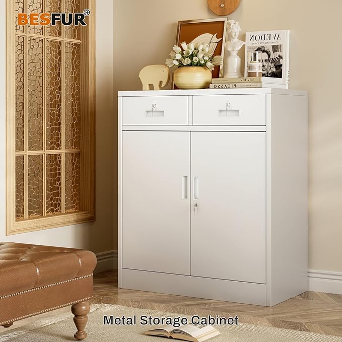 BESFUR 36" H Metal Storage Cabinet with 2 Lockable Drawers and 2 Lockable Doors, White Locking Cabinet with Adjustable Shelf, Metal Cabinet for Home Office, Garage,School, Warehouse, Utility Room