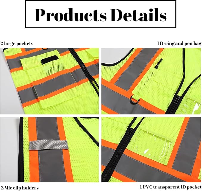 Safety Vest Reflective High Visibility with 5 Pockets ＆Zipper Class 2 Adult Unisex Construction Security Workwear