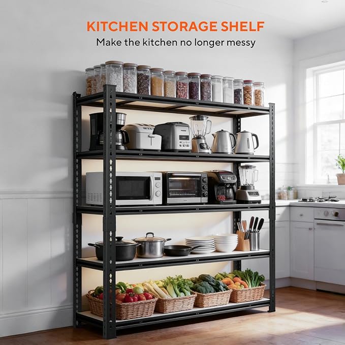 5 Tier Garage Shelving, Adjustable Heavy Duty Garage Shelves,Metal Storage Shelves Unit for Basement,Warehouse,Pantry Kitchen