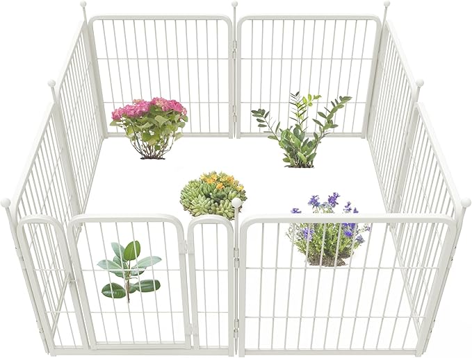 FXW Garden Fence Outdoor for The Yard – 24in(H) x 15.2ft(L) Heavy Duty Metal Animal Barrier for Dog and Rabbit, Decorative Dog Fence, 8 Panels, White