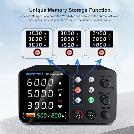 DC Power Supply Variable, 60V 5A Adjustable Switching Regulated Bench Power Supplies with Memory Preset/Locking Key/OCP Protection/Output/USB Fast Charging /4-Digit LED Display