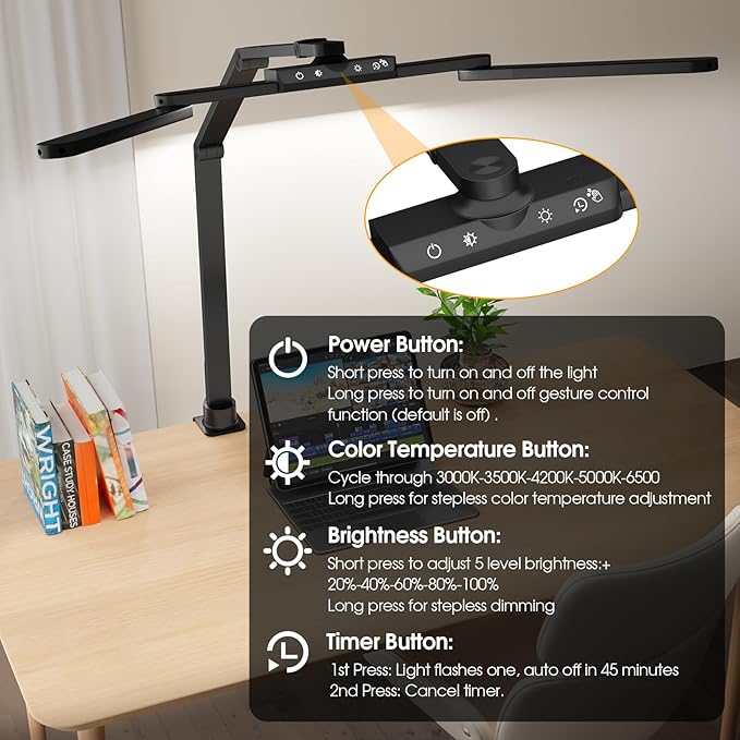 ShineTech LED Desk Lamp for Home Office, 25 Lighting Modes Swing Arm LED Lamp with Clamp, Gesture Sensor, Type C Port, Auto-Off Timer Lamp for Reading