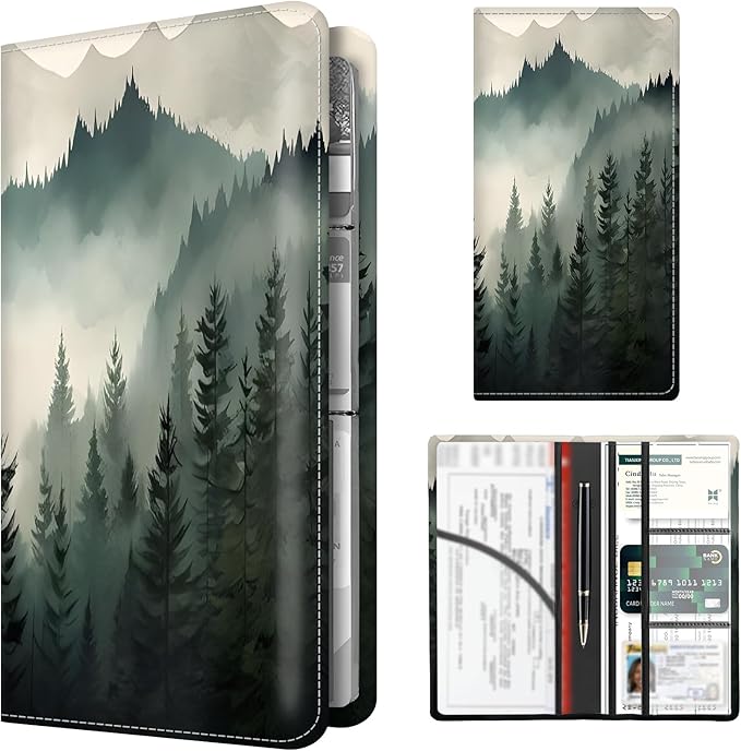 Premium Car Registration and Insurance Card Holder, Cute PU Leather Car Document Holder, Vehicle Glove Box Car Organizer with Magnetic Closure for Driver License, Cards Forest Green Mountains