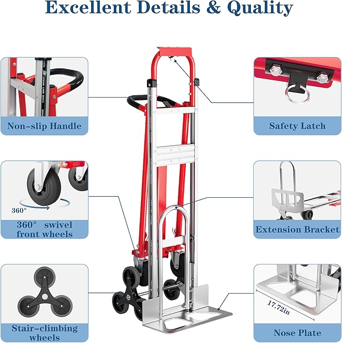 Convertible Hand Truck -1,000 lb Heavy-Duty Aluminum & Steel Dolly, 3-in-1 Mode with Stair-Climbing Wheels & 5" Swivel Casters for Warehouse, Moving, Delivery