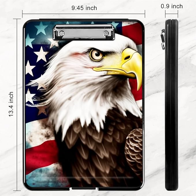 Clipboard with Storage,Plastic Storage Clipboard with Low Profile Clip, Heavy Duty Nursing Clipboards Foldable,Coaches Clipboard Case for Work, Teacher,Office School Supplies,American Flag Owl